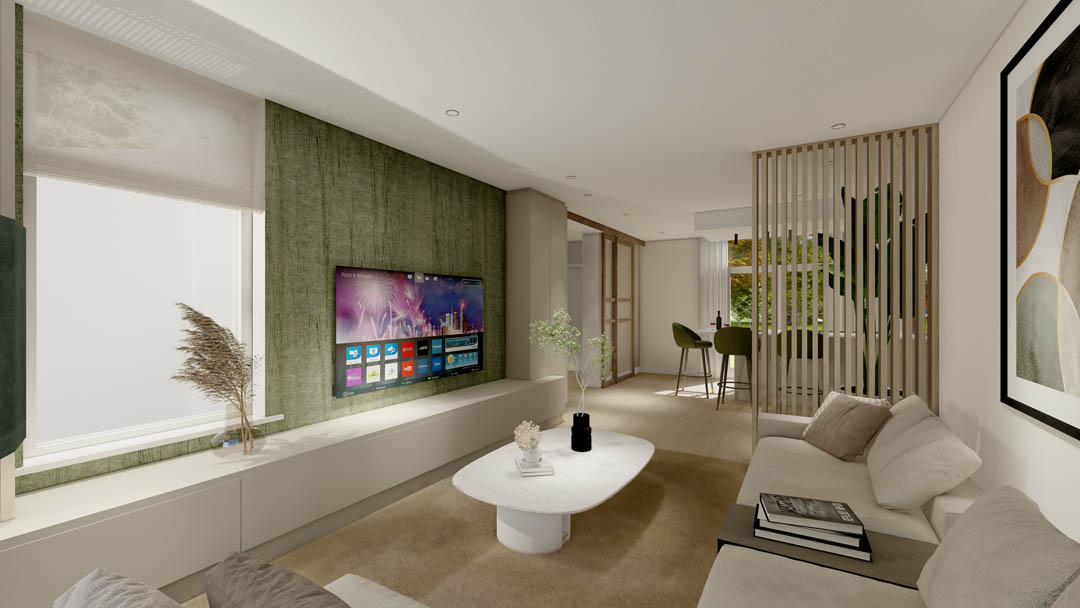 Woonkamer met zwevende tv meubel en groen behang - kleuradvies woonkamer - Studio Excellent